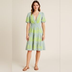 Anthropologie Light Blue Midi Dress with Yellow Embroidery
